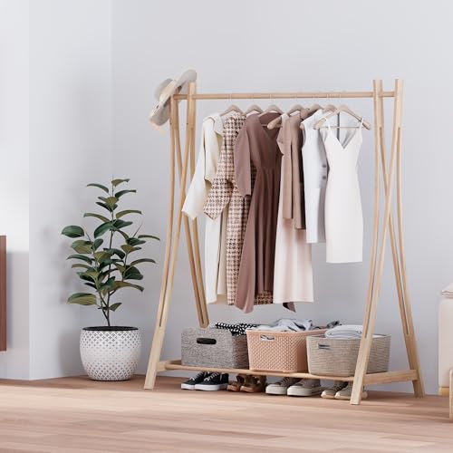 Wooden Retail Display Hanging Clothes Rack with Storage Shelf, 52" W x 57" H Freestanding Heavy Duty Clothing Drying Garment Rack for Hanging Clothes, Coat, Dress, Shirt, Hat - size: 52"W - Wood