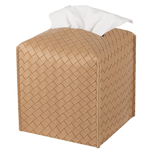 zoocatia Tissue Box Cover PU Leather Tissue Holder Square Facial Tissue Case Facial Paper Organizer Dispenser for Bathroom, Vanity Countertop, Tabletop, Car, Khaki - color: Khaki, size: square