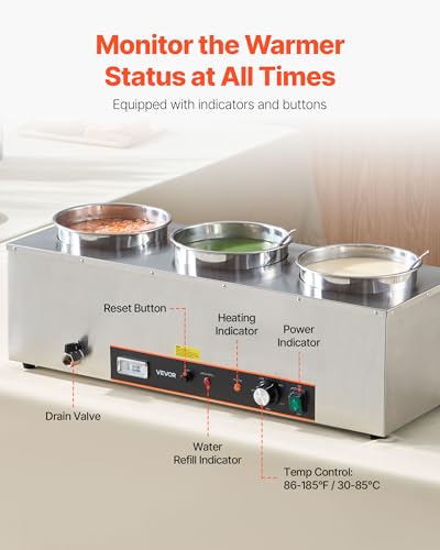 VEVOR Electric Soup Warmer, Three 6.34QT Stainless Steel Round Pot with 86~185°F Adjustable Temp, 1500W Commercial Bain Marie with Anti-Dry Burn and Reset Button, Soup Station for Restaurant, Buffet - size: 3×6L Pots