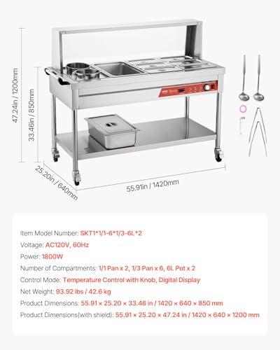 VEVOR Commercial Food Warmer, 7 Pans + 2 Pots Electric Steam Table, 1800W Professional Buffet Catering Food Warmer with Shield Undershelf Wheels, Stainless Steel Server for Party Restaurant Hotel - size: 7 Pans + 2 Pots Large