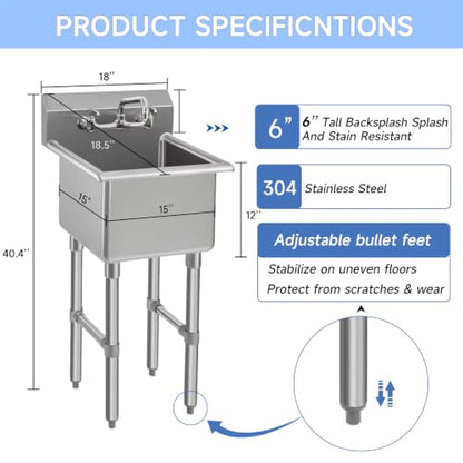 ROCKPOINT Stainless Steel Prep & Utility Sink with 8" Faucet, 1 Compartment Commercial Handmade Sink with 15" D x 15" W x 12" H Bowl for Restaurant,Kitchen,Laundry,Hotel and Home - size: 15"W x 15"D, style: compartment sink