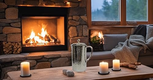 Large Half Gallon / 2.2 Liters / 74 Fl Oz Stainless Steel Pitcher Jug Carafe with Lid Classic Minimalist Designs Leakproof All Beverages by American Ayurveda (Stainless Steel Hammered)