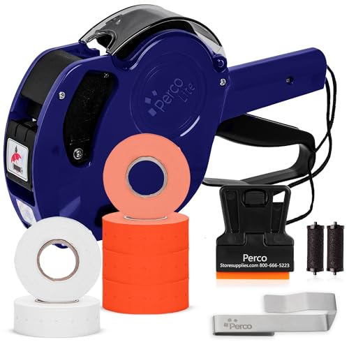 Perco Price Gun 1-Line Kit with 2 White, 4 Red Rolls, Clip & Ink Rollers - color: Fluorescent Red