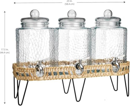 1.5 Gallon Glass Drink Dispenser for Parties 3 PACK Beverage Dispensers with Stand, Glass Water Jug Dispenser, with 18/8 Stainless Steel Spigot, Great for Party, Wedding, Picnic, BBQ Wicker Design - color: Clear - 1.5 Gallon 3 Pack
