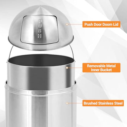 Heay Duty Stainless Steel Tall Trash Can with Push Lid – Commercial Outdoor Garbage Bin – Fingerprint-Proof, Removable Inner Metal Bucket – Ideal for Public Spaces – 18.5 Gallon (70L) – - size: Large
