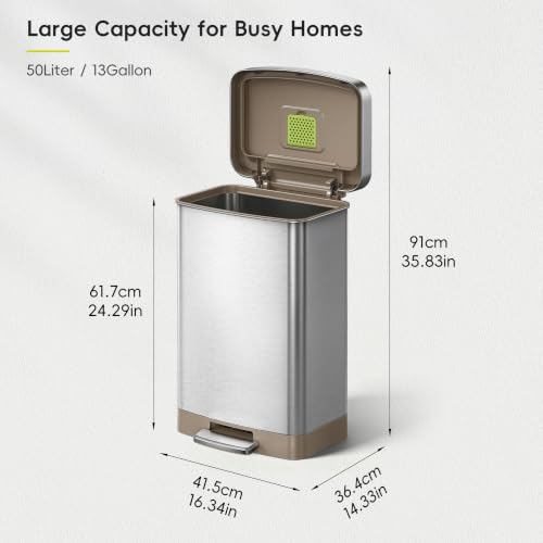 EKO Hudson Matte Stainless 50 Liter/13.2 Gallon Step Trash Can with Rear Trash Bag Storage Compartment - color: Matte Stainless, size: 50L