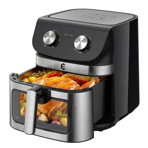 9.5Qt Large Air Fryer Oven, Airfryer Toaster Oven Combo, Non Toxic Stainless Steel Air Fryer with Window, XL Capacity Basket Style Airfryer for Family, Easy Dual Knob Control, Black - color: Jet Black
