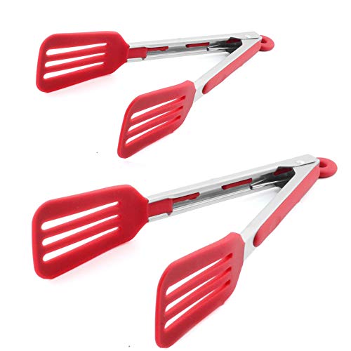 Cooking Tongs 9" and 12" Stainless Steel Kitchen Silicone Serving Tongs - color: Red, size: 9 & 12 inch