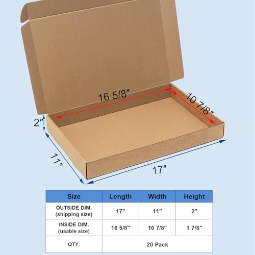 Wowxyz Shipping Boxes 17x11x2" 20 Pack Brown Corrugated Cardboard Mailer - size: 17x11x2"