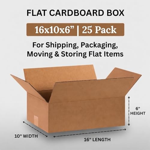 Shipping Boxes 16"L x 10"W x 6"H (25-Pack) | Flat Corrugated Cardboard Single-Wall Kraft Boxes for Moving, Packing and Storage - size: 16x10x6