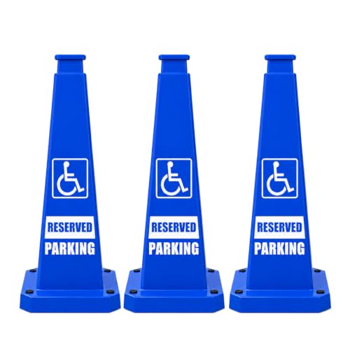 Reserved Parking Cones Blue 3 Pack, 28 Inch Handicap Traffic Cone with Wheelchair Symbol, Durable Safety Marker with Stable Base for Parking Lots, Hospitals and Commercial Areas - color: Blue, size: 28INCH With Caution Sign