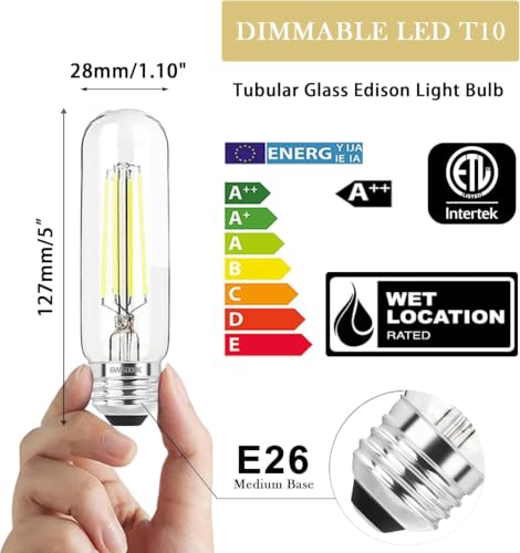 5 Inch Edison Bulb, 5000K Daylight White E26 Led Bulb 6W Dimmable, 800LM T10 T9 Bulb Clear Glass Tubular Light Bulbs, AC 120V Equal 80 Watt Bulbs for Chandelier Pendant Wall Light - 9Pack - size: 5 Inch 6W (9 Count)