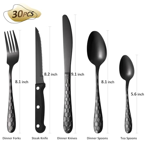 30 Pcs Black Hammered Silverware Set Service for 6,with Steak Knives Stainless Steel Flatware Set,Mirror Cutlery Utensil,Durable Kitchen Tableware,Ripple Teardrop Fork Knife Spoon,Dishwasher Safe - color: 12SLF-30pc/Steak Knives-Black