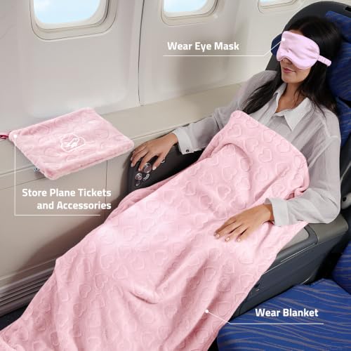 Travel Blanket, Airplane Blanket, Ultra-Soft, Warm & Lightweight, 65x40 in, Outdoor Blanket Essentials for Women, Men & Kids, Included Eye Mask, Luggage Sleeve & Backpack Clip Heart Pink - color: Heart Pink