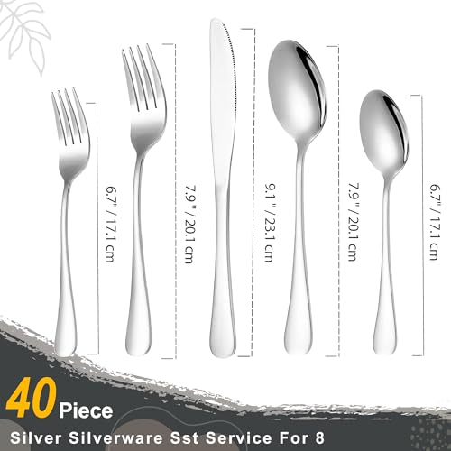 Runfly 40-Piece Silver Flatware Set, Stainless Steel Cutlery Set for 8 - color: Silver, size: 40