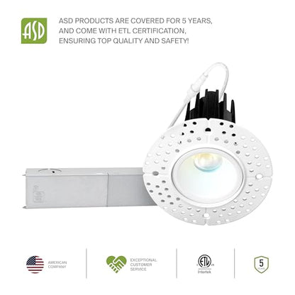 ASD 1 Inch Trimless LED Recessed Ceiling Light Fixture, Mud-in Canless Downlight with Junction Box, 5CCT Selectable 2700K-5000K, 7W 498 Lumens, CRI90+, Anti-Glare, Dimmable, IC & Wet Rated, ETL - color: White 1 Pack, size: 1" 7 Watt