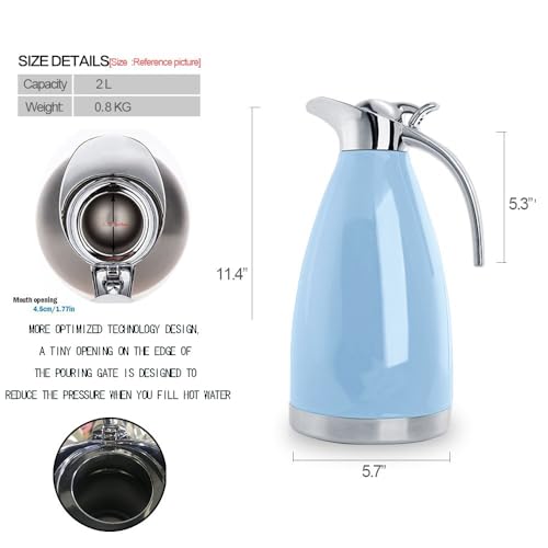 Sumerflos 68 Oz Stainless Steel Coffee Thermal Carafe/Double Walled Vacuum Thermos Insulated / 12 Hour Heat Retention / 2 Liters (Blue) - color: Blue