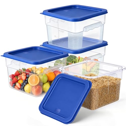 4Pack - 12QT Food Storage Containers with Lids & Handles, Polycarbonate Clear Airtight Food Container with Scale Marks for Bread Proofing, Flour, Commercial Grade, Restaurant & Kitchen, Square, Blue - color: Blue, size: 12QT