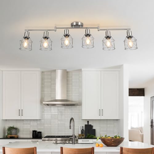 WILON Track Lighting Fixtures, 6-Light Brushed Nickel Flush Mount Track Light Ceiling, 6 Way Spot Light Kitchen Light Fixtures Directional Ceiling Spotlight for Kitchen Hallway Living Room - color: Brushed Nickel, size: 6-Light-Cage