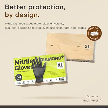 SUPER+ Disposable Nitrile Gloves, 8 Mil Diamond Powder-Free Latex-Free Food Safe Chemical Resistant Heavy Duty, Black 500 Ct - color: X-large (Black)