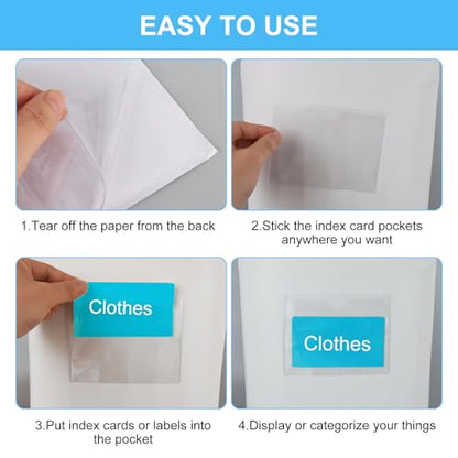 50 Pack Adhesive 4" x 6" Index Card Pockets with Top Open for Loading Clear Index Card Holder Plastic Label Holders for Storage Bins Library Card Shelves Organizing and Protecting Your Cards