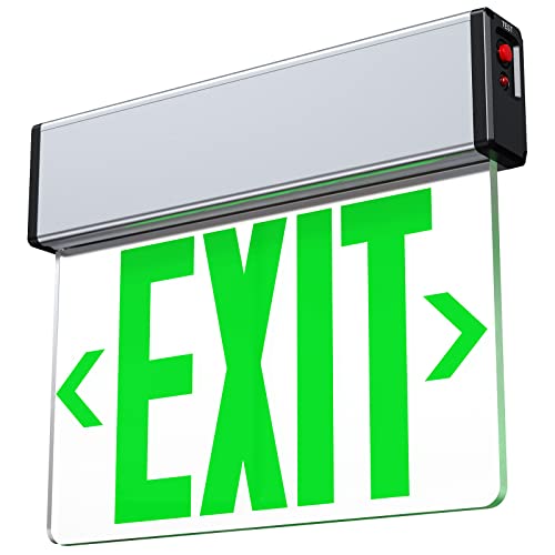 Green LED Edge Lit Exit Sign Brushed Aluminum Housing, UL Listed Emergency Exit Signs Single Sided Clear Acrylic with Battery Backup, AC 120-347V Hardwired Exit Lights, Top/Side/Wall Mount (1 Pack) - color: Single Sided Green, size: 1 Pack