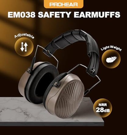 PROHEAR 038 Ear Protection Safety Earmuffs for Mowing, 28dB Noise Reduction Passive Hearing Protector, Compact Foldable Headset for Shooting Construction Power Tools, Brown - color: Brown