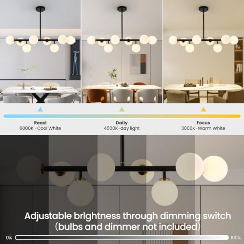 Sputnik Black and Gold Chandelier Pendant Linear Light Modern Mid Century Light Fixture White Globe Shade for Dining Living Room Kitchen Island 8-Light - color: BlackGold-31in