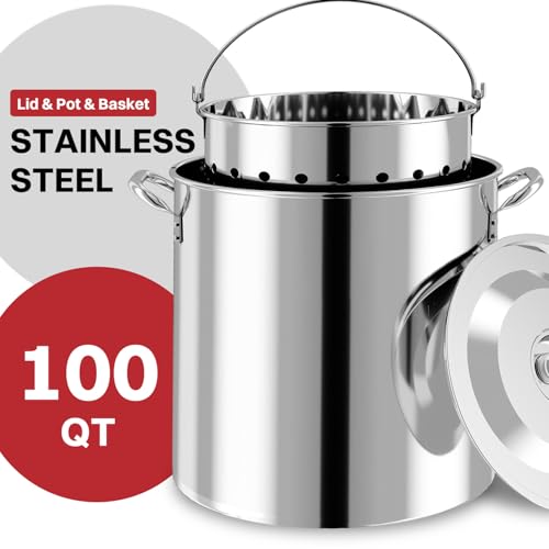 100QT Crawfish Boiler | Stainless Steel Seafood Boil Pot with Basket - size: 100QT+Cover+Skimmer