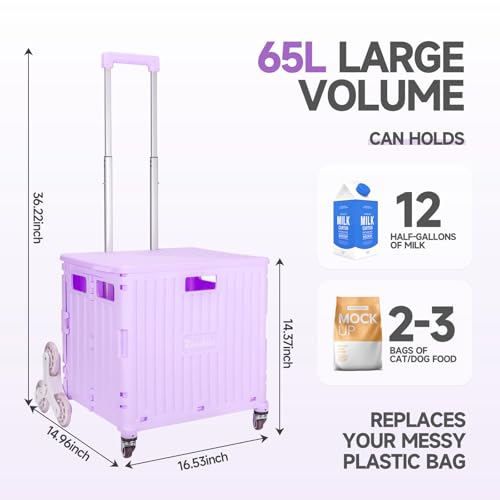 Rolling Crate with Stair Climbing Wheels, Foldable Utility Cart with Detachable Lid & Telescoping Handle, Portable Rolling Cart Tote Basket for Teacher Upstairs Grocery Shopping