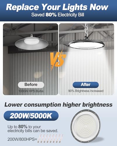 10Pack 200W Super Bright UFO LED High Bay Light, 5000K 30000LM AC100-277V Commercial High Bay LED Shop Lights IP65 with 5ft US Plug for Warehouse Workshop Barn Garage - size: 200W 10PACK