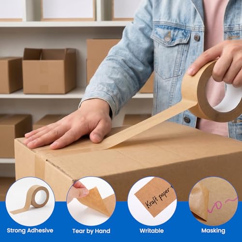 6 Pack Heavy Duty Paper Packing Tape,2 Inch Wide (1.89 in x 55 Yds),Eco Friendly & Biodegradable, Writable & Uncoated Brown Packing Tape Great for Packaging, Shipping, and Moving - size: 6