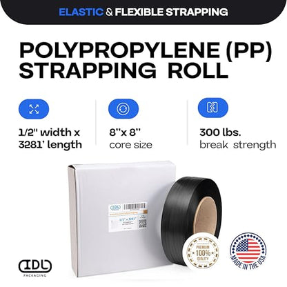IDL Packaging 1/2" x 3281' Polypropylene (PP) Strapping Roll, USA-Made - size: 1/2" x 3281' (8x8" Сore), 300 lbs BS
