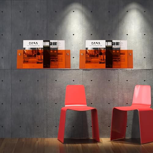 2 Pack Orange Acrylic Magazine Holder, Wall Mount Hanging Bookshelf Literature Storage Rack, Brochure File Display Shelf for Waiting Room, Living Room, Office, Home - size: Orange 17 Inch