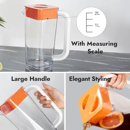 CURTA 1 Pack 2 Liters/68 oz Plastic Pitcher with Lid & Handle for Kitchen,ICED JUICE and Coffee Carafe Beverage Serveware, Acrylic Water Jug for Hot/Cold Drinks&lemonade - color: Orange