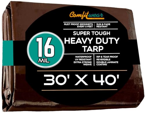 16 MIL Heavy Duty Tarp Super Heavy Duty Tarp Cover 16 MIL Multi-Purpose Extra Heavy Duty Tarps Car Tarp Boat Tarp Camping Tarp General Purpose Waterproof Tarp Cover (30' X 40', Brown) - size: 30' X 40'