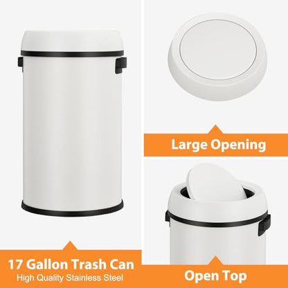 17 Gallon Fingerprint-Proof Stainless Steel Trash Can, Heavy Duty Commercial Round Garbage Bin with Swing Lid for Restaurant, Home, Office, White - color: White