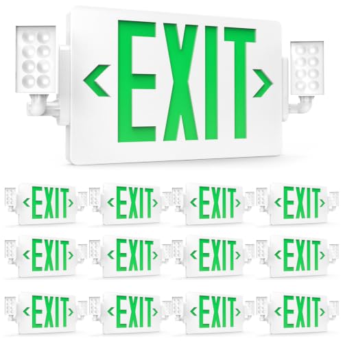 Sunco 12 Pack Green LED Exit Sign with Emergency Lights, Two Adjustable Head Lights, Backup Battery, 94V-0 Fire Resistant, 120-277V, Wall or Ceiling Mount, Commercial Grade, UL - size: 12 Pack