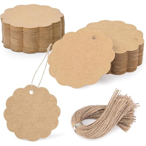 SallyFashion 100PCS Brown Scalloped Round Gift Tags, 2.4 inches - color: 100pc Brown