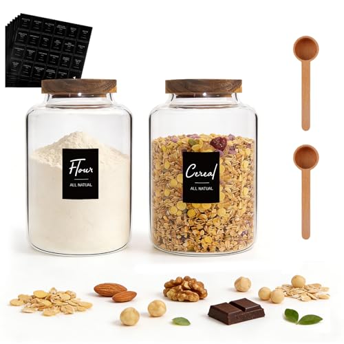 66oz Large Glass Storage Jar with Wooden Lids Spoons Labels Glass Coffee Ground Canister Borosilicate Glass Sugar Flour Container for Cookies Spice Rice Tea(2000ml/67oz-2 pack-with scoop) - color: 2000ml/67oz-2 pack-with scoop