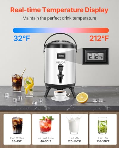 VEVOR Insulated Beverage Dispenser, 1.5 Gal/6L Stainless Steel Thermal Drink Server with Spigot & Temp Display, Suitable for Hot and Cold Drinks, for Tea Coffee Water in Cafes & Restaurants, Silver - size: 1.5 Gal (1 Pack)