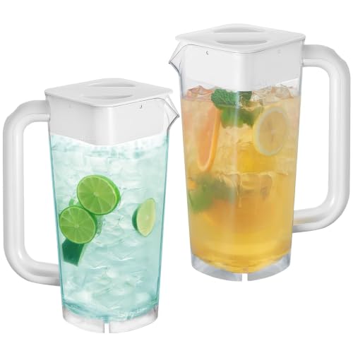 CURTA 2 Pack Plastic Pitcher with Lid, 2L Heavy-Duty Shatterproof Pitchers Clear Water Pitcher with Handle for Lemonade, Coffee,Iced Tea, Milk, Juice, Beverages - color: White & White