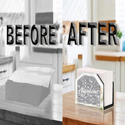 Wocred Mirror Napkin Holder,Crystal Crushed Diamond Vertical Holder,Cute Tissue Holder Holds Napkins Upright for Bathroom，Dining Table，Kitchen Table.(5.9”X5.9”X3”) - size: 6x3x5.9 inch