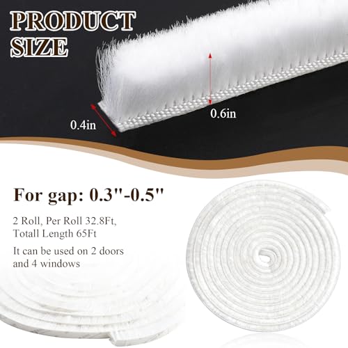 Supkiir 65.6Ft Brush Weather Stripping, 0.4" WideX0.6 Thick Door Seal Brush, Self Adhesive Window Insulation Seal White Weatherstrip Brush for Soundproofing Dust-Proof Waterproof Windproof