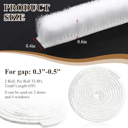 Supkiir 65.6Ft Brush Weather Stripping, 0.4" WideX0.6 Thick Door Seal Brush, Self Adhesive Window Insulation Seal White Weatherstrip Brush for Soundproofing Dust-Proof Waterproof Windproof