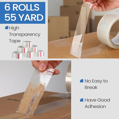 Dunzoom 6 Pack Packing Tape Dispenser Gun with 6 Roll 2 Inch Gun 2.7 Mil Heavy Duty Packaging Tape for Shipping, Moving, Carton and Box Sealing