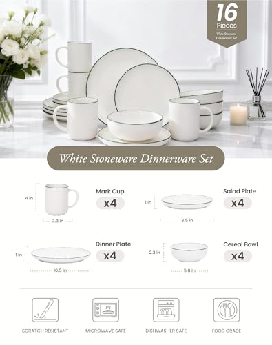 OTAGO 16-Piece Dinnerware Set for 4 with 4 Mugs, White with green rim Stoneware Plates and Bowls Sets, Ceramic Dish Set for Kitchen, Dinner & Dining, Green Rim, Microwave & Dishwasher Safe