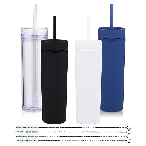 Volhoply 16oz Plastic Skinny Tumbler With Lid and Straw Bulk 4 Pack,Insulated Double Wall BPA Free Matte Acrylic Tumblers,Iced Coffee Travel Reusable Party Cup,Customizable Diy Gifts(Assorted,4 Set) - color: Assorted
