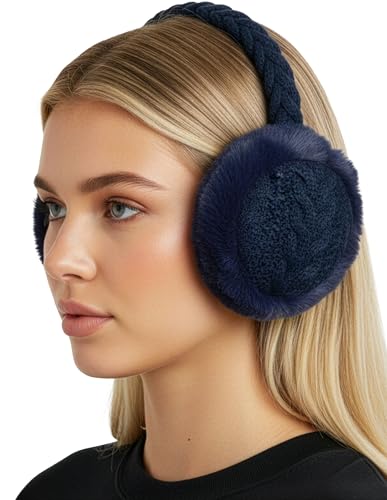 Funky Junque Women’s Winter Earmuffs - Cable Knit & Sequin - color: Cable Knit - Navy