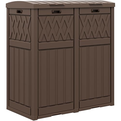 DWVO 76 Gallon Garbage Dual Can, Resin Outdoor Trash Can with Tiered Lid and Drip Tray, Waterproof Trash Bin for Patio, Kitchen, Backyard(Brown) - color: Brown, size: 76 Gallon